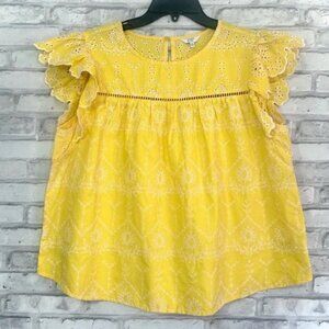 Crown & Ivy Women’s Yellow White Embroidered Eyelet Ruffle Sleeve Blouse